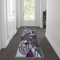 Flash Furniture ACD-RGTRZ860-27-PU-GG Jubilee Collection 2' x 7' Purple Abstract Area Rug - Olefin Rug with Jute Backing for Hallway, Entryway, Bedroom, Living Room